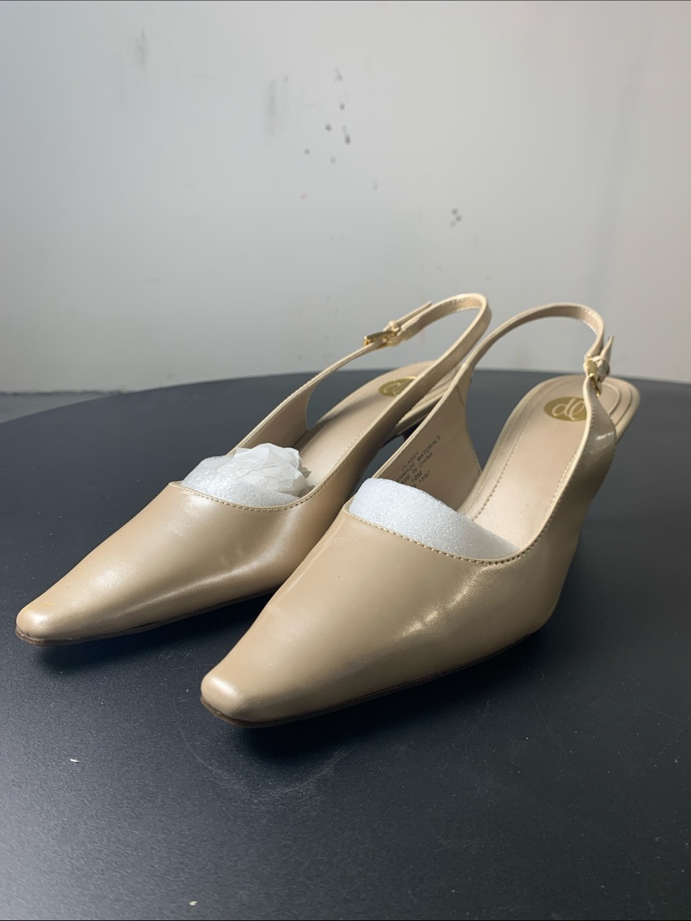 Donna Lawrence Neutral Beige Pointed Slingback Heels with Low Heel